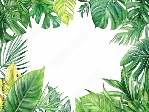Watercolor hand painted frame with green tropical leaves creating a border on white background