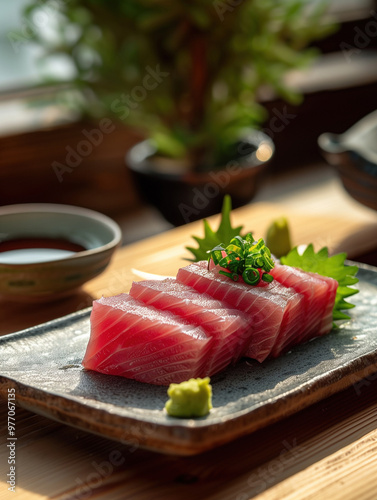 Japanese sashimi Akami, Seared lean tuna light background, detailed setting sashimi photo photo