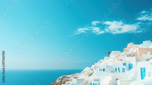 Stunning view of white buildings against a blue sky and ocean, capturing the essence of summer and coastal beauty.