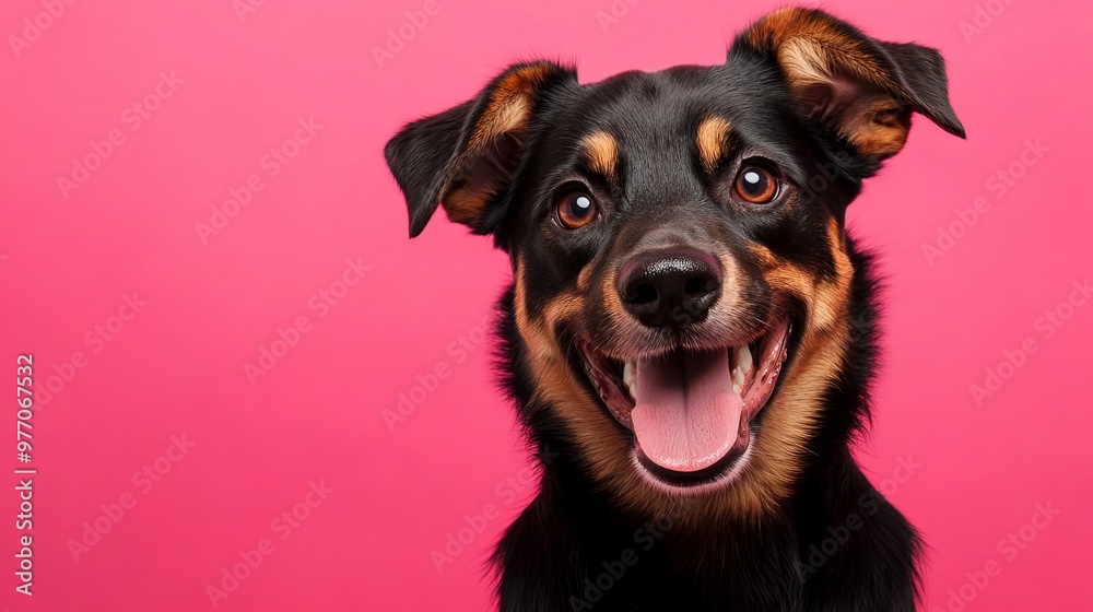 Happy dog with a cheerful face against a bright pink background Happy dog with a cheerful face against a bright pink background