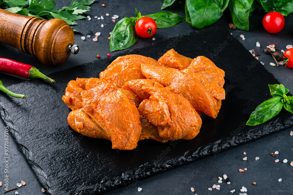 Raw marinated barbecue chicken fillet with spices and sauce on a dark background.