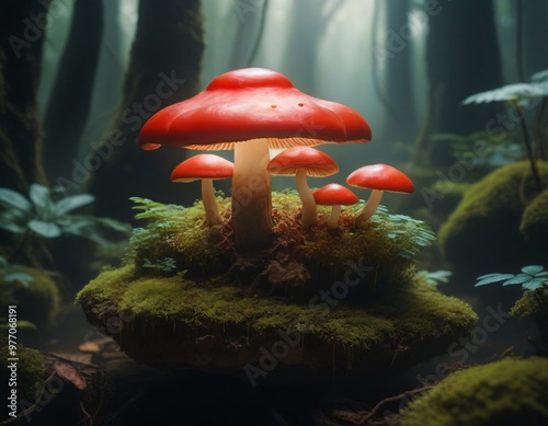 Autumnal forest macro of white mushroom with brown cap nestled in moss photo