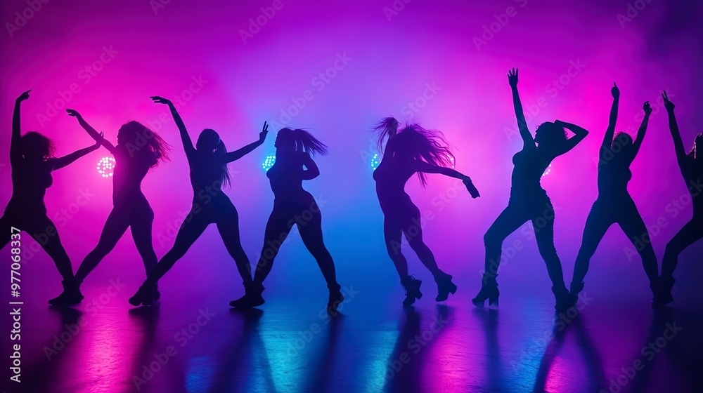 Silhouettes of dancers moving to the beat of a funky disco track Silhouettes of dancers moving to the beat of a funky disco track