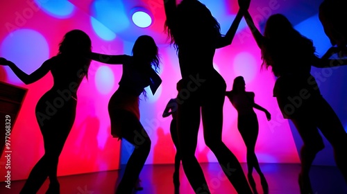 Silhouettes of dancers moving to the beat of a funky disco track 