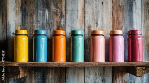 choose from an array of colorful thermos mugs on a wooden shelf find your favorite photo