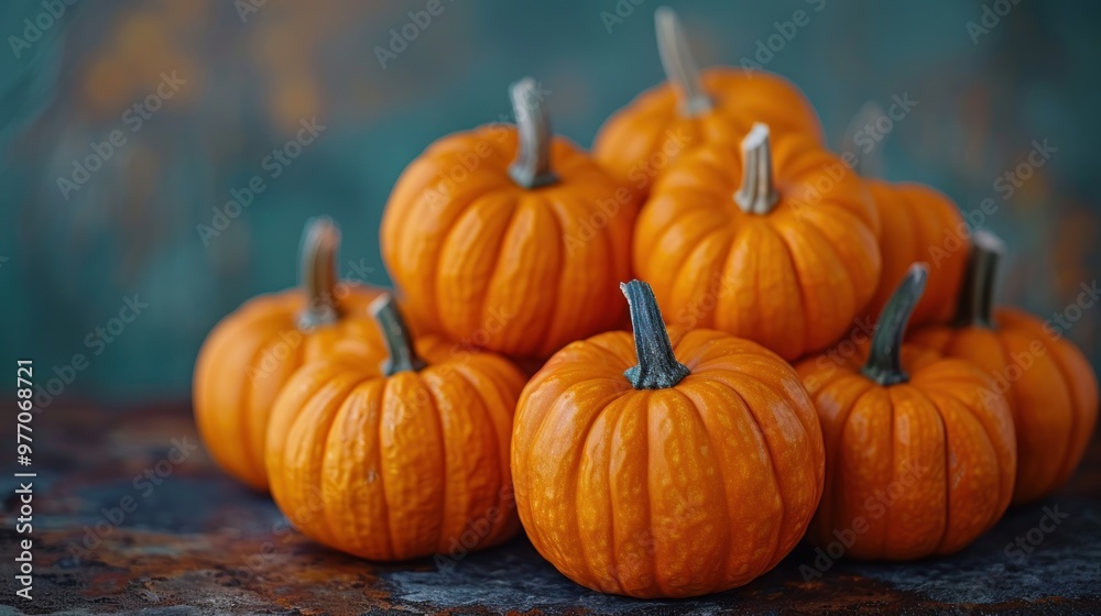 Vibrant orange pumpkins stacked together on a rustic tabletop with a textured background capturing autumn's charm. Generative AI