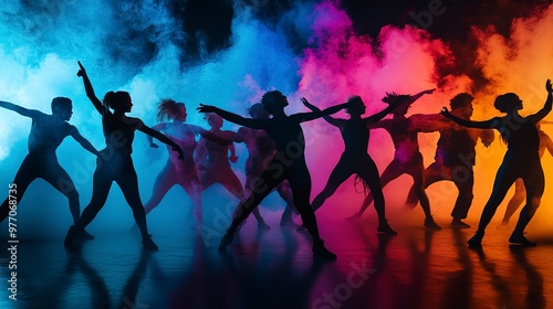 Dynamic group dance performance with diverse dancers against a colorful smoky backdrop. 