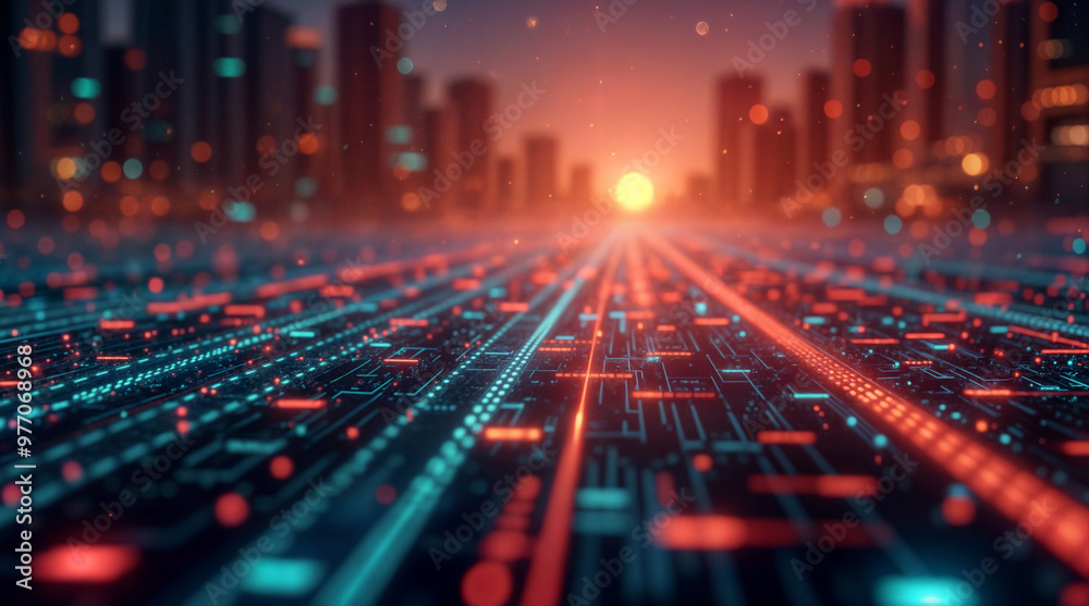 abstract digital background, city on the horizon. Generative AI abstract digital background, city on the horizon. Generative AI