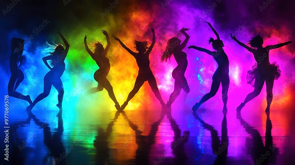 Dancers silhouette against neon lights, dynamic and vibrant, full of color and life Dancers silhouette against neon lights, dynamic and vibrant, full of color and life