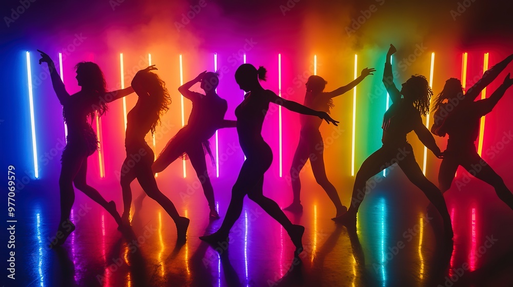 Dancers silhouette against neon lights, dynamic and vibrant, full of color and life Dancers silhouette against neon lights, dynamic and vibrant, full of color and life