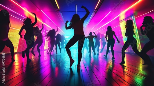 Dancers silhouette against neon lights, dynamic and vibrant, full of color and life 