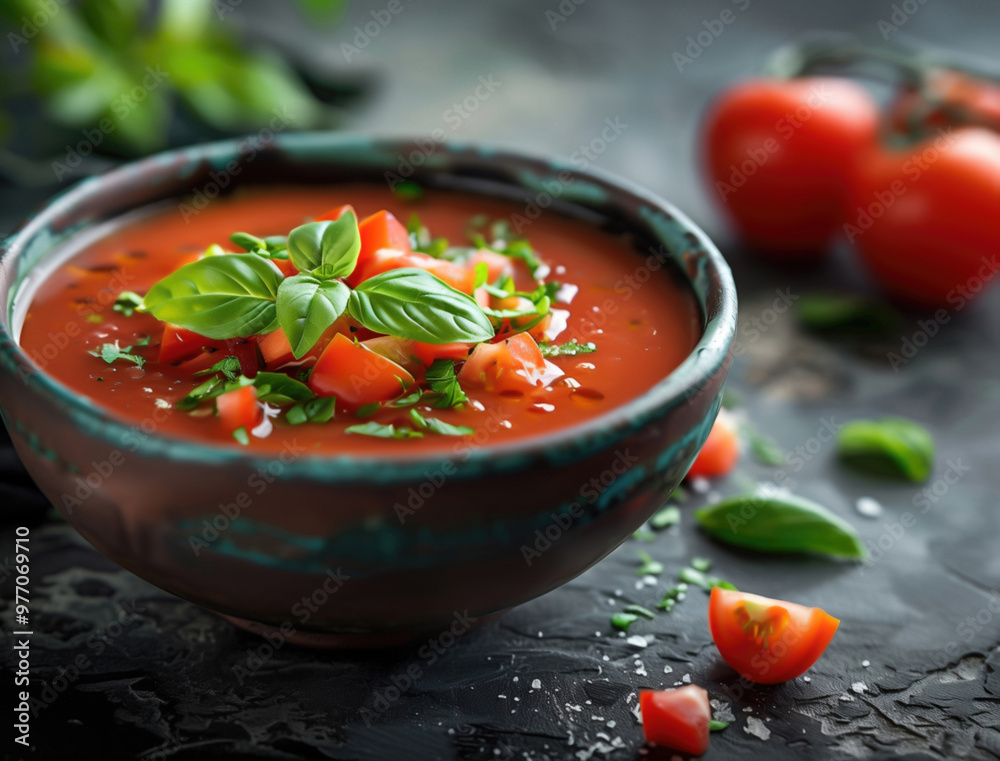 Close up image of Mediterranean Gazpacho in bowl with fresh ingredients Close up image of Mediterranean Gazpacho in bowl with fresh ingredients