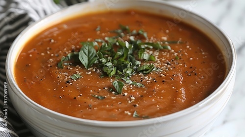 Delicious homemade tomato basil soup garnished with fresh herbs in a cozy kitchen setting. Generative AI