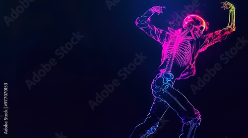 energetic skeleton silhouette of street dancer-girl in neon colors on black background, a place for text, concept of advertising dance