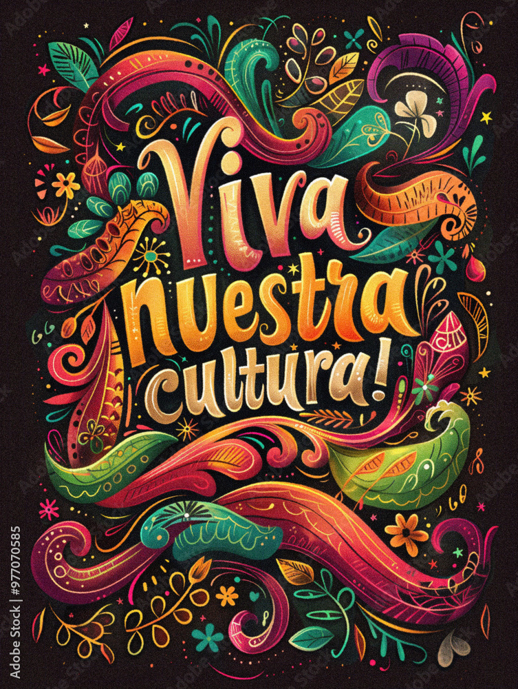 Vivid typographic poster with dark background and text Viva nuestra cultura