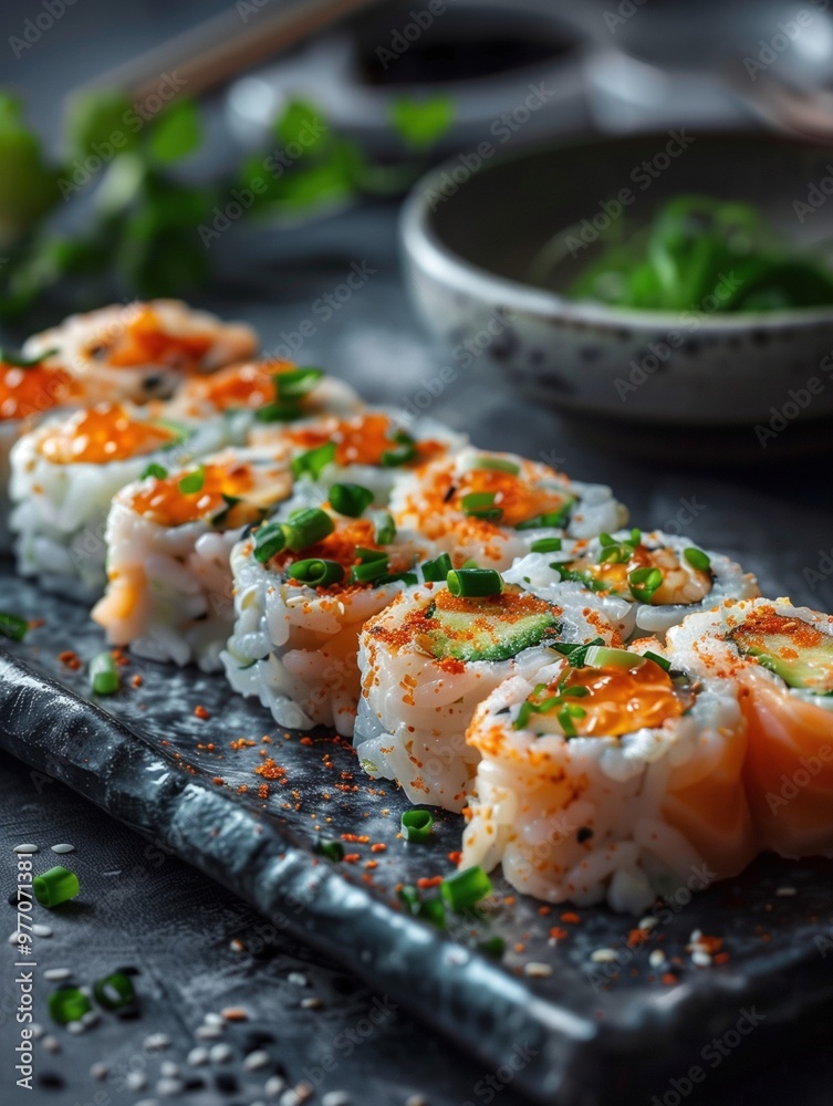 Futomaki sushi with vegetables and omelette on a dark plate, close up Futomaki sushi with vegetables and omelette on a dark plate, close up