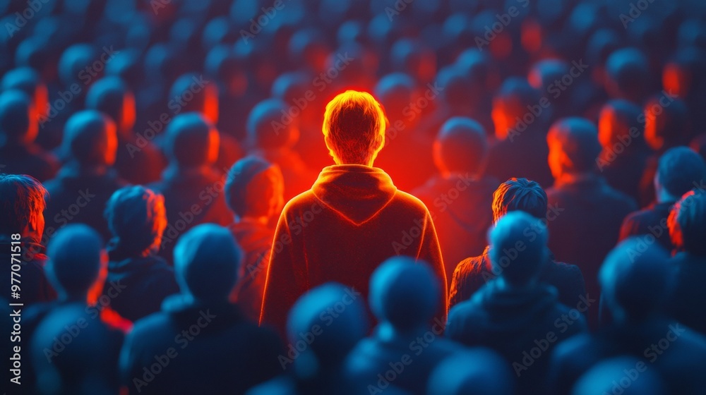 Fototapeta premium A person wearing dark glowing orange is standing in the center of an audience, facing backward with their back to us.