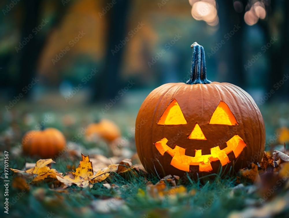 Glowing carved pumpkin in the twilight grass among other pumpkins and blurred trees in the background Glowing carved pumpkin in the twilight grass among other pumpkins and blurred trees in the background