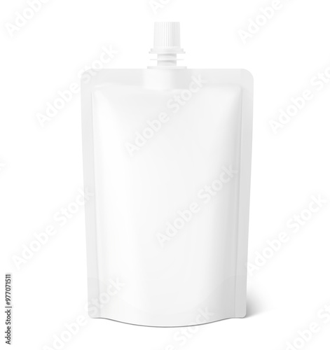 Spout pouch packaging bag mockup. Vector illustration isolated on white background. Front view. Can be use for template your design, presentation, promo, ad. EPS10.	
