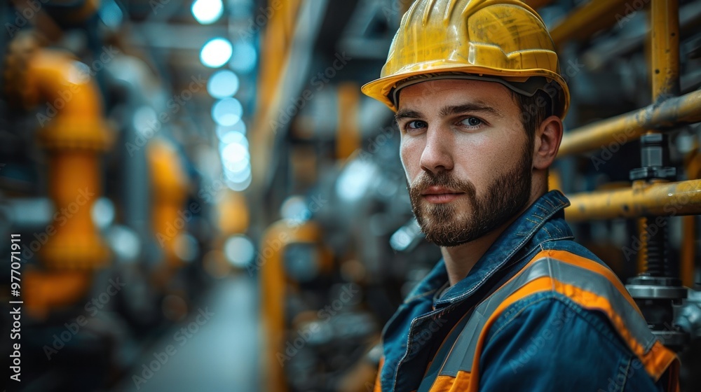 Young construction worker in a safety helmet stands confidently in a bustling industrial facility corridor. Generative AI Young construction worker in a safety helmet stands confidently in a bustling industrial facility corridor. Generative AI