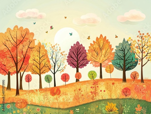 Vibrant autumn scenery with trees and butterflies above a grassy hill adorned with flowers, perfect for environmental, nature, and seasonal themes