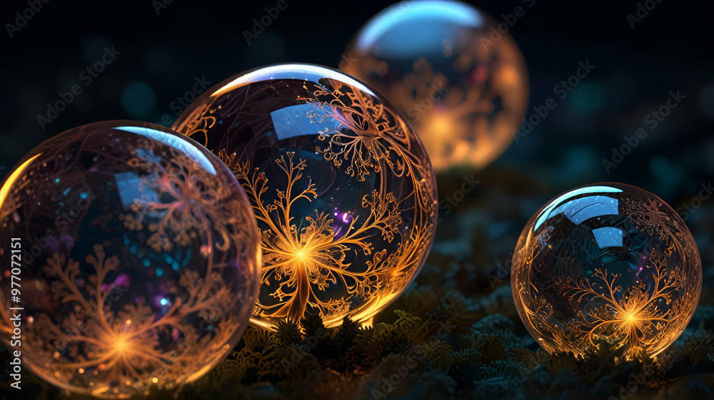 Transparent orbs with glowing fractal designs inside.
Transparent orbs with glowing fractal designs inside.