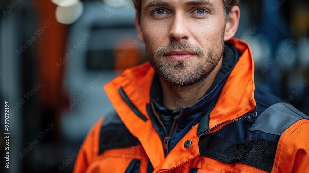 A confident worker in bright orange gear standing amidst an industrial backdrop, showcasing professionalism and dedication. Generative AI A confident worker in bright orange gear standing amidst an industrial backdrop, showcasing professionalism and dedication. Generative AI