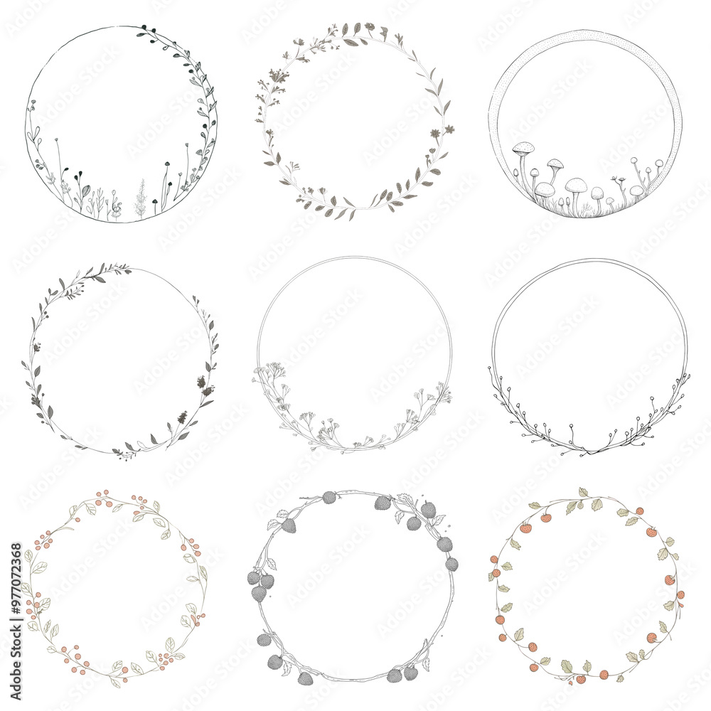 PNG doodle floral round frame element set, transparent background PNG doodle floral round frame element set, transparent background