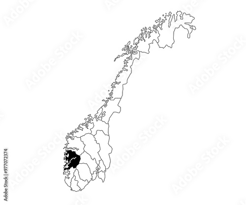 Map of hordaland County in Norway country on white background. single County map highlighted by black colour on Norway map. Norwegian, NOR photo