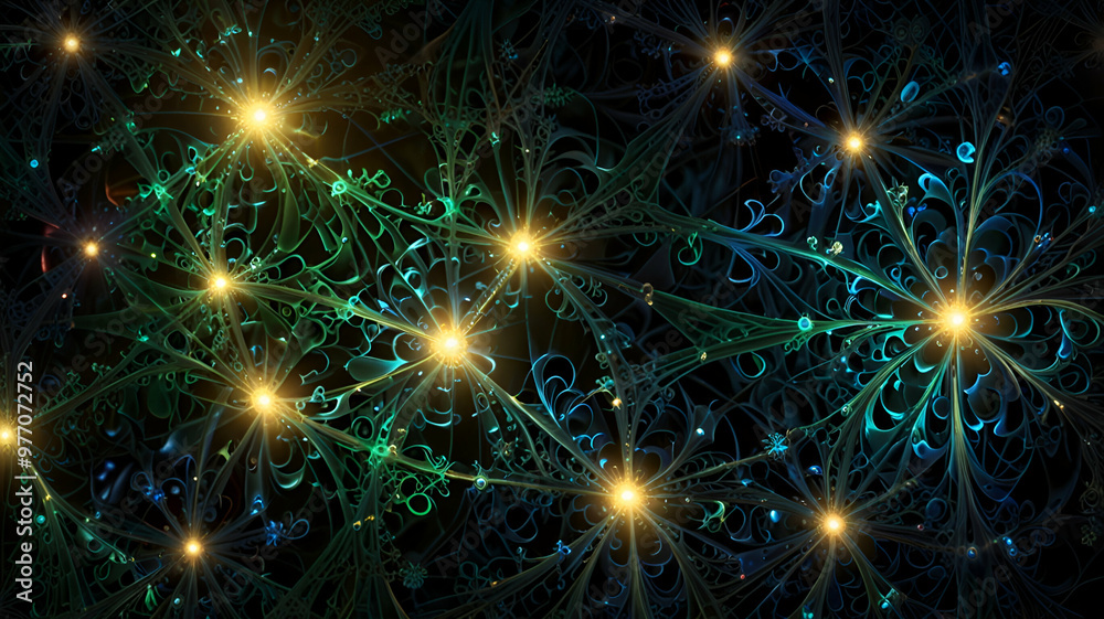 Metallic vines forming a fractal lattice with glowing orbs.
Metallic vines forming a fractal lattice with glowing orbs.