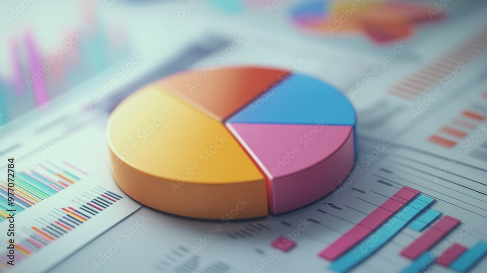 Colorful pie chart with various financial graphs in the background. Colorful pie chart with various financial graphs in the background.