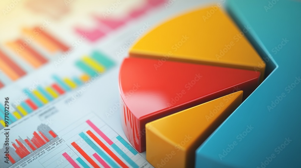 Colorful pie chart with various financial graphs in the background. Colorful pie chart with various financial graphs in the background.