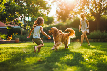 Happy family playing with happy golden retriever dog on the backyard lawn.