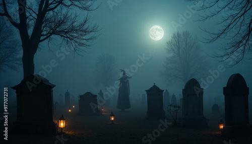 Wallpaper Mural Foggy cemetery at dusk with eerie lanterns, a shadowy witch figure, and a full moon. halloween mode.






 Torontodigital.ca