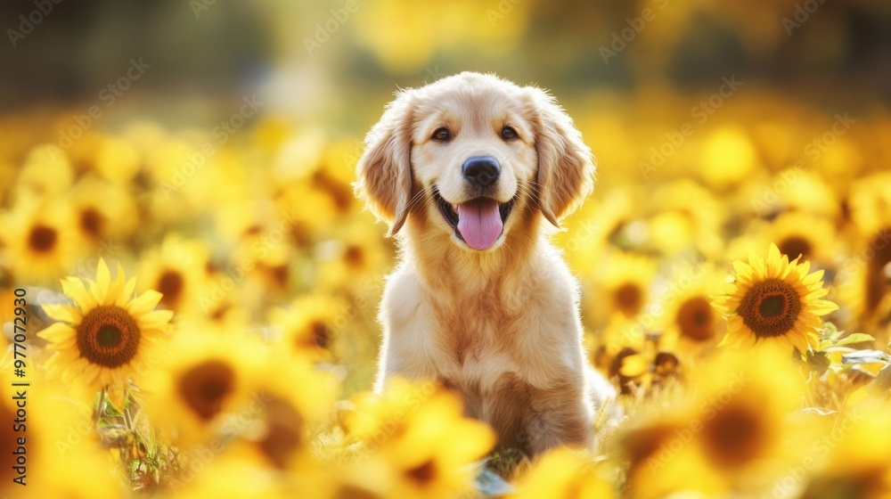 A dog sitting in a field of sunflowers with his tongue out, AI