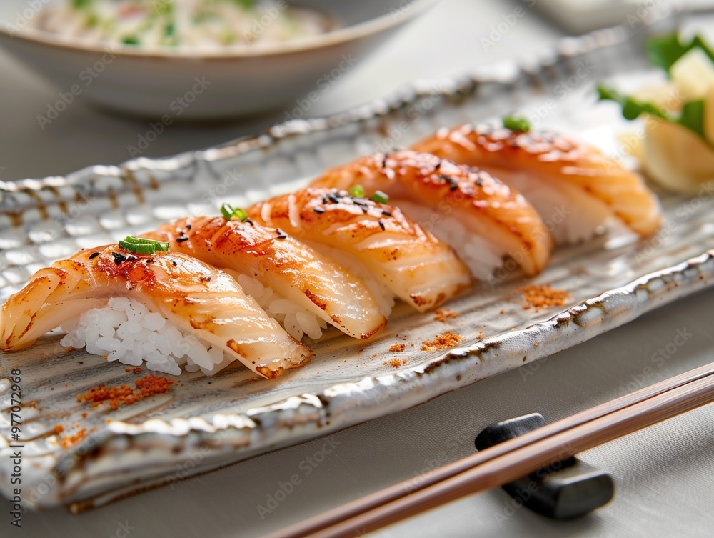 Traditional Japanese surf clam Nigiri, Hokkigai sushi on rice, close up photo with light background Traditional Japanese surf clam Nigiri, Hokkigai sushi on rice, close up photo with light background