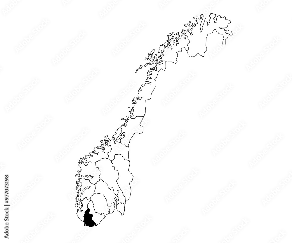 Obraz premium Map of vest agder County in Norway country on white background. single County map highlighted by black colour on Norway map. Norwegian, NOR
