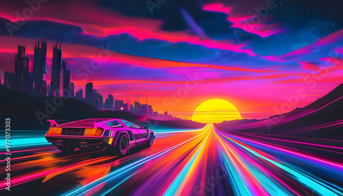 80s retro futuristic drive background with vintage car. Stylized sci-fi city landscape in outrun VJ style, night sky. Vaporwave illustration for EDM music video, DJ set, club. 4k