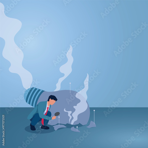 A man holding a magnifying glass looking at a burnt out idea lamp, an illustration of learning from mistakes, self-development, error analysis, never giving up.