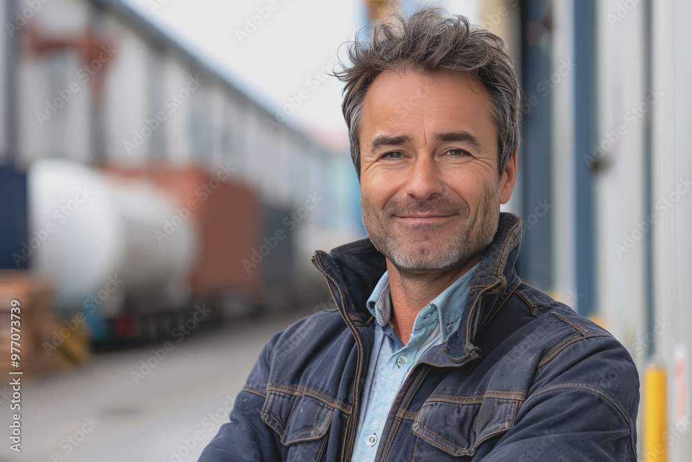 Focus on a charismatic architect, in the background construction for a mega warehouse cranes. Focus on a charismatic architect, in the background construction for a mega warehouse cranes.