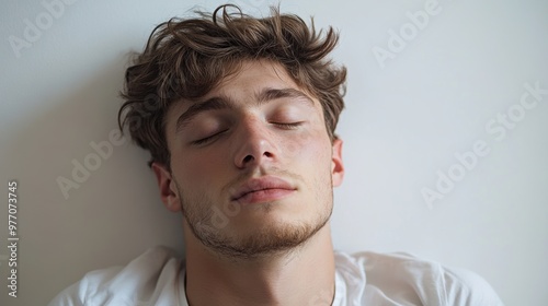 Close-up portrait of a young man with closed eyes resting against a wall.