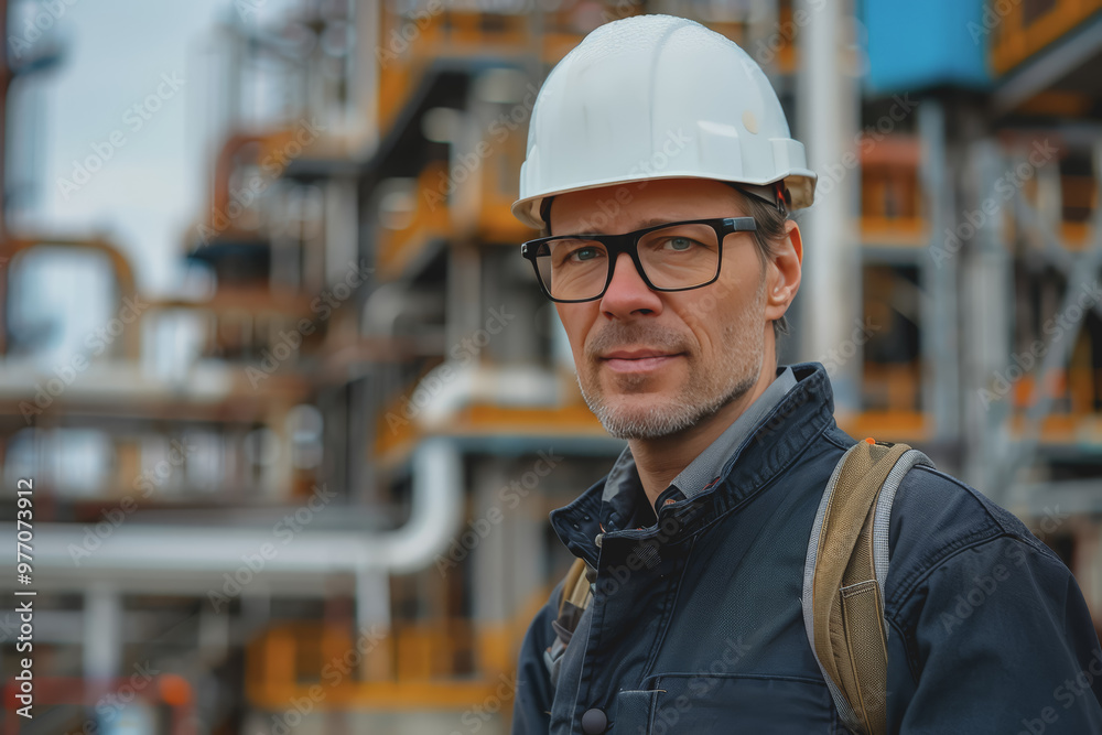 Focus on a charismatic architect, in the background construction for a mega warehouse cranes. Focus on a charismatic architect, in the background construction for a mega warehouse cranes.