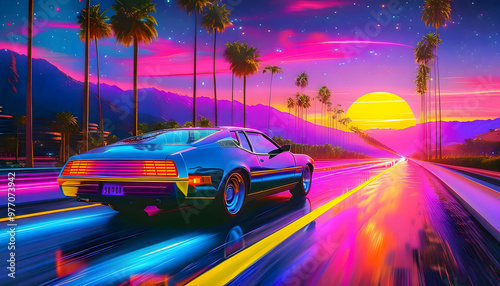 80s retro futuristic drive background with vintage car. Stylized sci-fi city landscape in outrun VJ style, night sky. Vaporwave illustration for EDM music video, DJ set, club. 4k