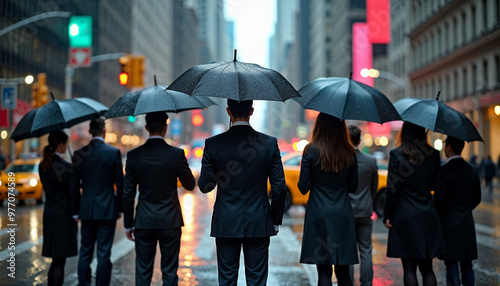 Businesspeople with umbrellas on a rainy New York street, with reflections and urban ambiance.