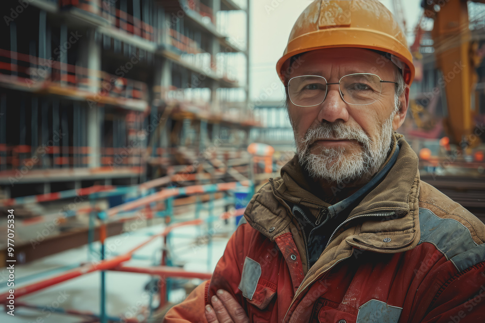 Focus on a charismatic architect, in the background construction for a mega warehouse cranes. Focus on a charismatic architect, in the background construction for a mega warehouse cranes.