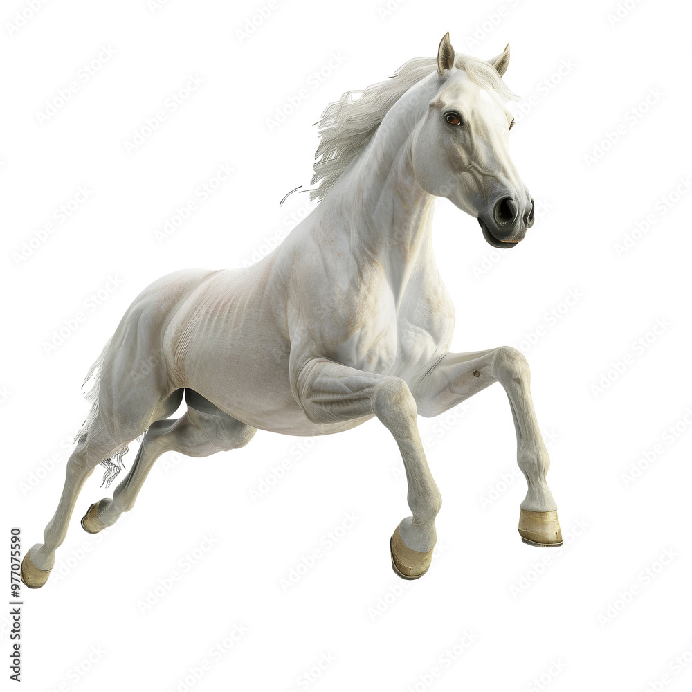 Majestic white horse jumping in mid-air outdoors Majestic white horse jumping in mid-air outdoors