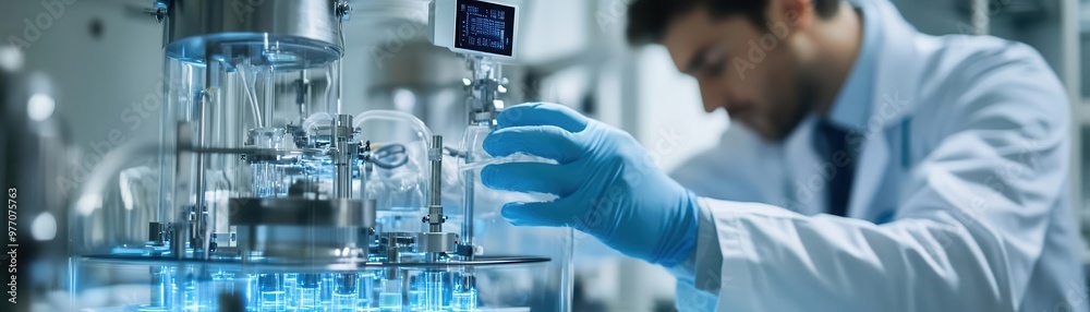 Scientists working on a futuristic bioreactor with integrated AI systems, high-tech biotechnology RD, Advance Bioreactors Laboratory Scientists working on a futuristic bioreactor with integrated AI systems, high-tech biotechnology RD, Advance Bioreactors Laboratory