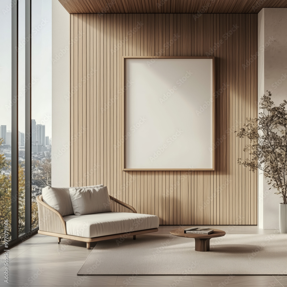 Fototapeta premium A modern interior featuring a blank frame on a light wooden wall, a cozy chair, and a large window with a city view, perfect for design mockups