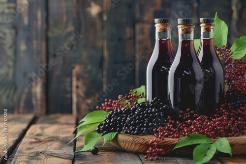 Glasses of fresh elderberry syrup and elderberries on a wooden table on a natural background.