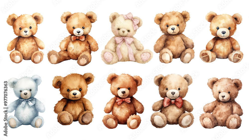 PNG teddy bear watercolor element set, transparent background PNG teddy bear watercolor element set, transparent background